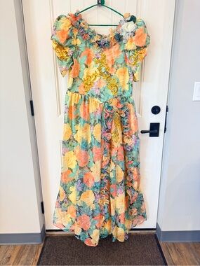 Floral Ruffle Midi Dress in Mint, Peach and Yellow